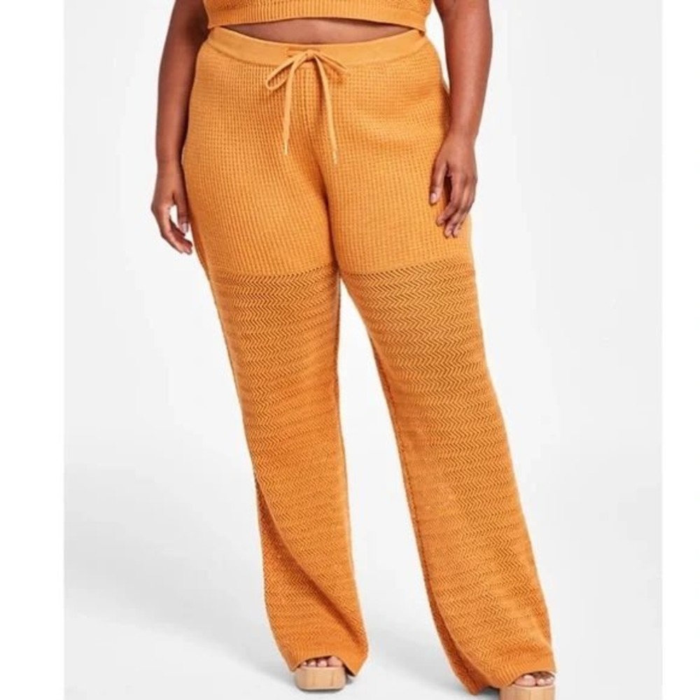 NWT Nina Parker Open Knit Pants Sz 2X Tan Wide Leg Super High Waist Drawstring